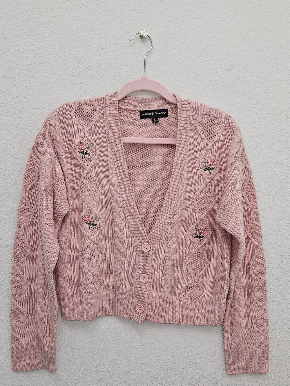 Almost Famous Blush Pink Cable Knit V-Neck Cardigan with Floral Embroidery
